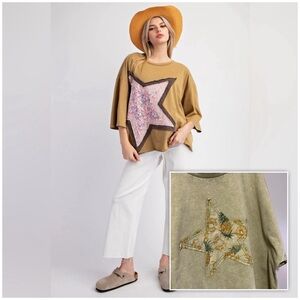 Easel Cotton Jersey Top with Large Front Star Tropical Print Patch Khaki…